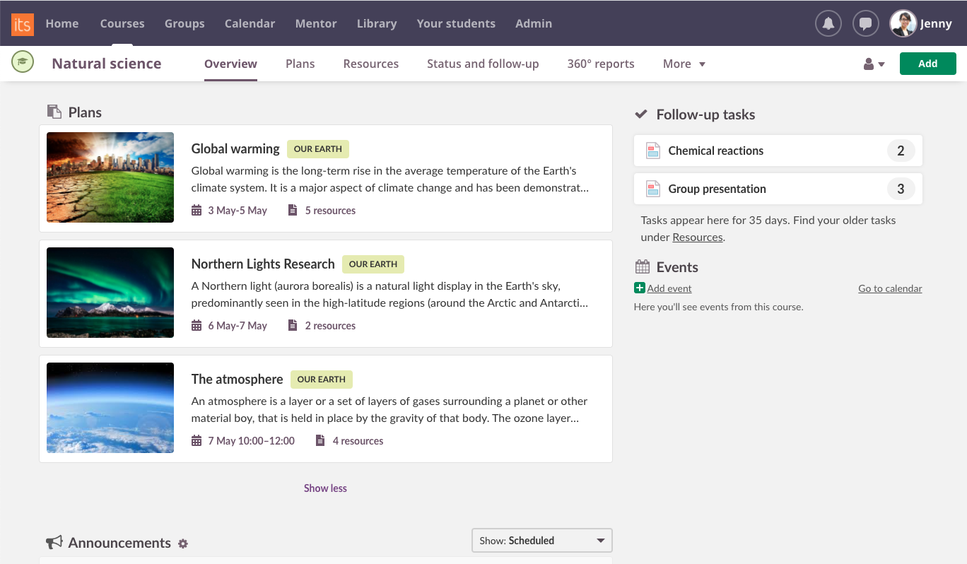 Screenshot of how the new planner appears in the Course Overview page in the itslearning LMS screenshot of the new planner